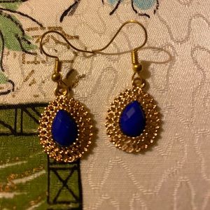 Handmade gold tone and faux blue gem earrings